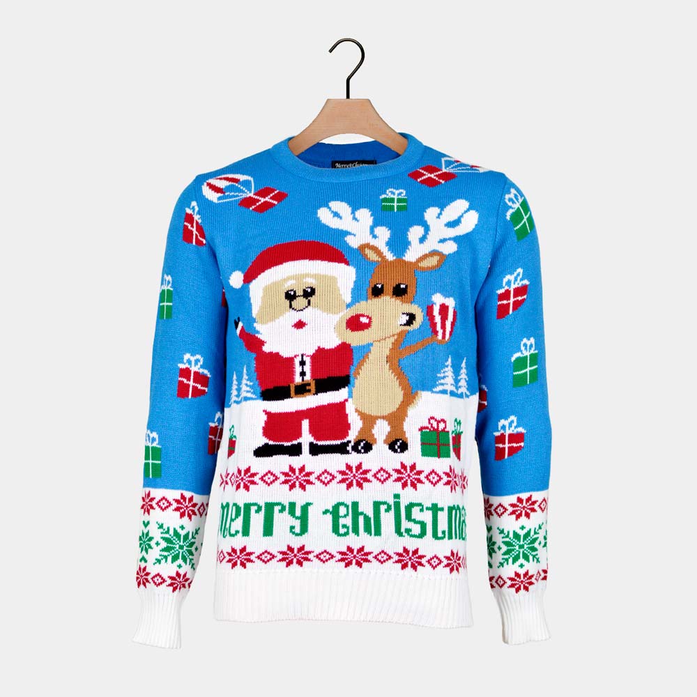 Jersey de Navidad para Hombre Azul Claro Reno y Papá Noel - Imagen 8