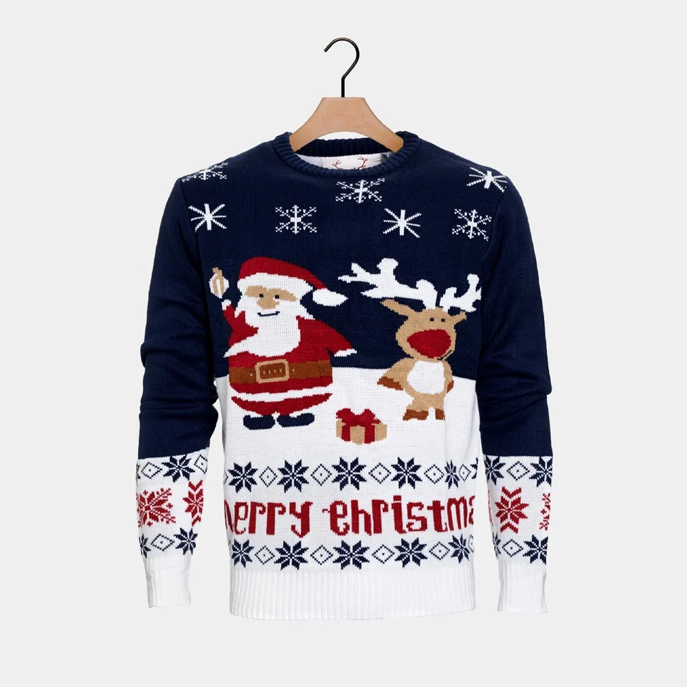 Jersey de Navidad para Hombre Azul Papá Noel y Reno Rudolph - Imagen 7
