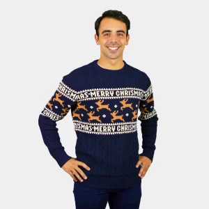 Jersey de Navidad para Hombre Elegante Azul con Renos Algodón Orgánico