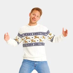 Jersey de Navidad para Hombre Elegante Blanco con Renos Algodón Orgánico