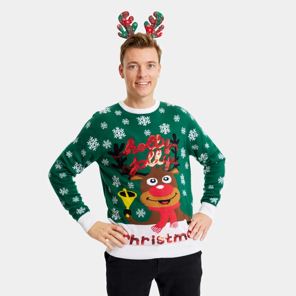 Jersey de Navidad para Hombre Verde Holly Jolly Lentejuelas - Imagen 2