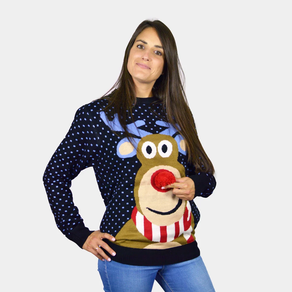 Jersey de Navidad para Mujer Azul Reno Rodolfo con Nariz Roja en 3D