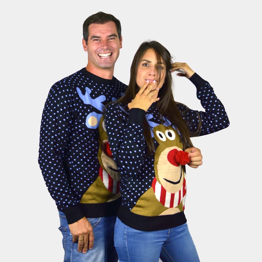 Jersey de Navidad para Mujer Azul Reno Rodolfo con Nariz Roja en 3D - Imagen 3