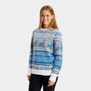 Jersey de Navidad para Mujer Blanco, Gris y Azul con Renos Elegante