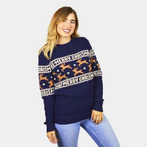 Jersey de Navidad para Mujer Elegante Azul con Renos Algodón Orgánico