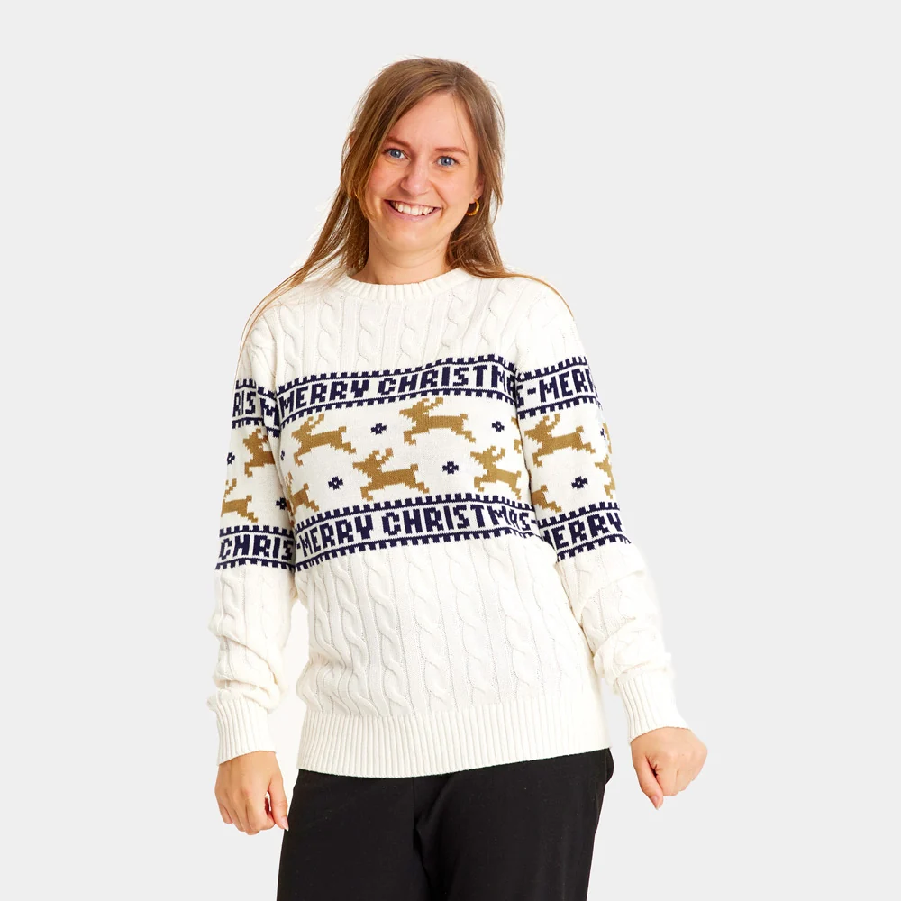 Jersey de Navidad para Mujer Elegante Blanco con Renos Algodón Orgánico - Imagen 5