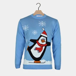 Jersey de Navidad para Mujer Pingüino Azul Claro