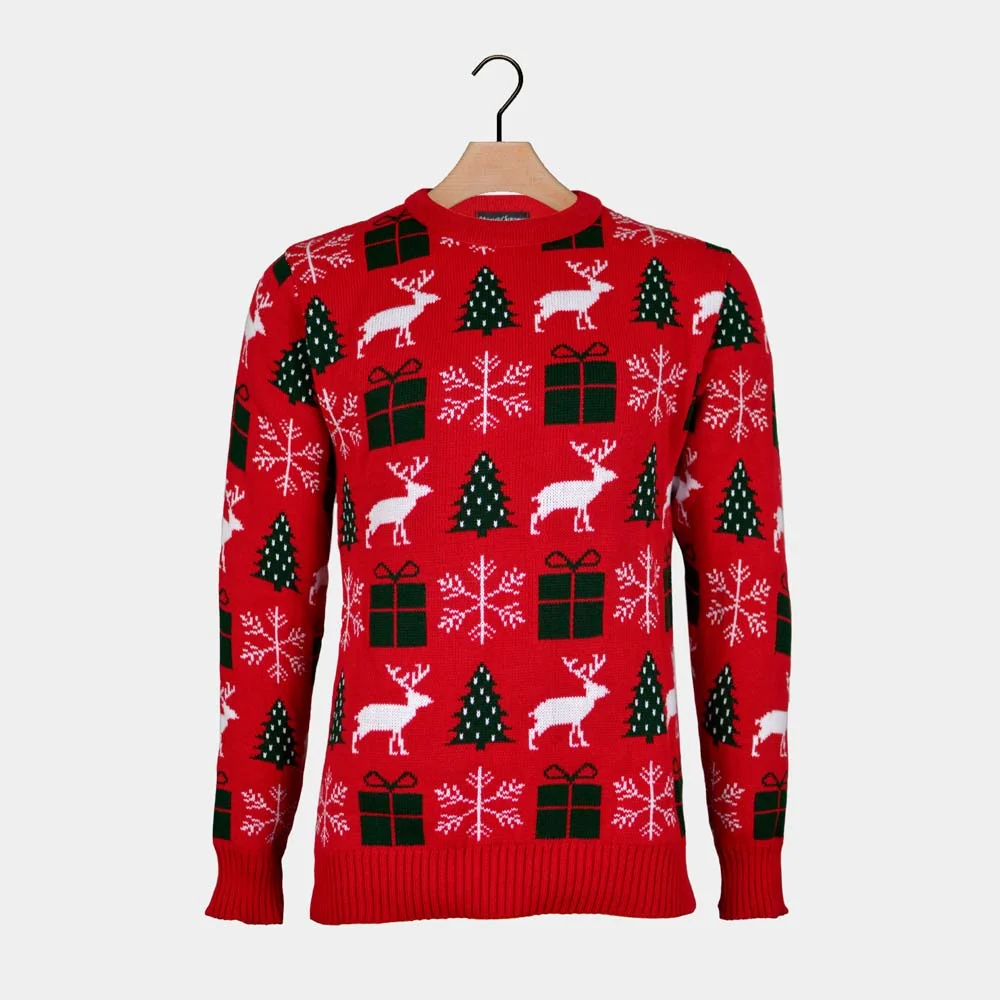 Jersey de Navidad Rojo con Renos, Regalos y Pinos - Imagen 6
