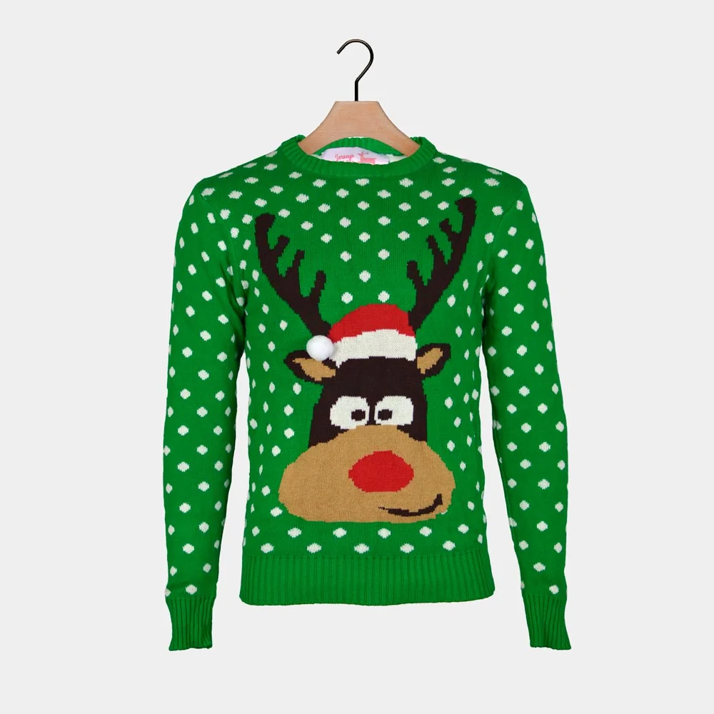 Jersey de Navidad para Mujer Verde Reno con Gorro en 3D Algodón - Imagen 8