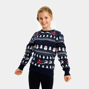 Jersey de Navidad para Niña y Niño Azul Árboles, Muñecos y Papá Noel
