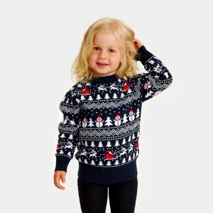 Jersey de Navidad para Niños Azul con Árboles, Muñecos y Papá Noel Algodón Orgánico