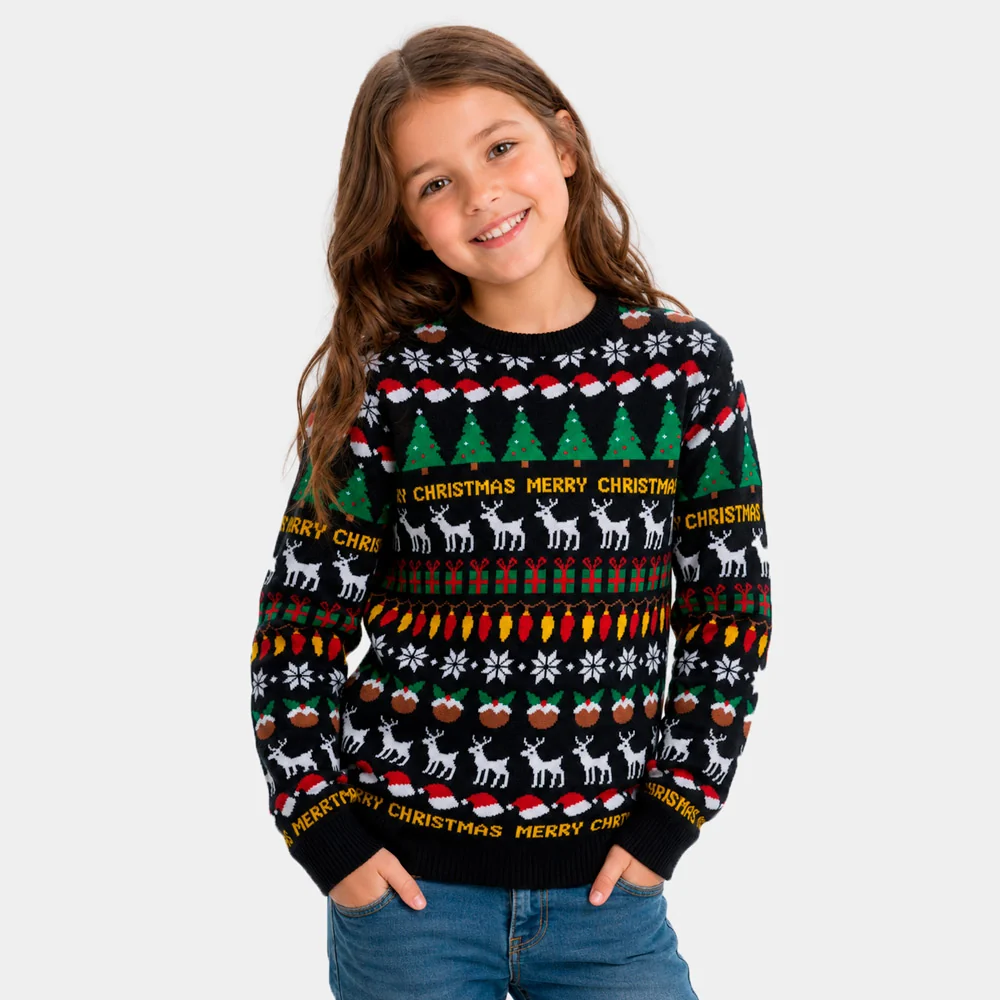 Jersey de Navidad para Niña y Niño Negro con Árboles, Renos y Regalos - Imagen 3