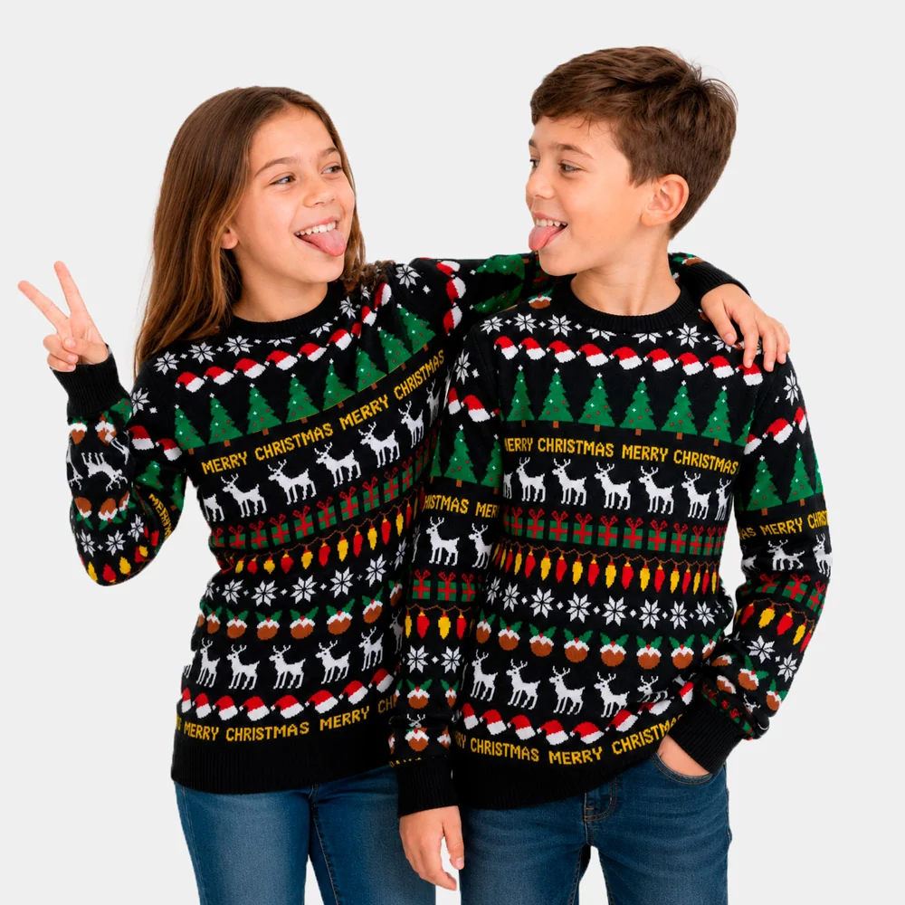 Jersey de Navidad para Niña y Niño Negro con Árboles, Renos y Regalos - Imagen 4