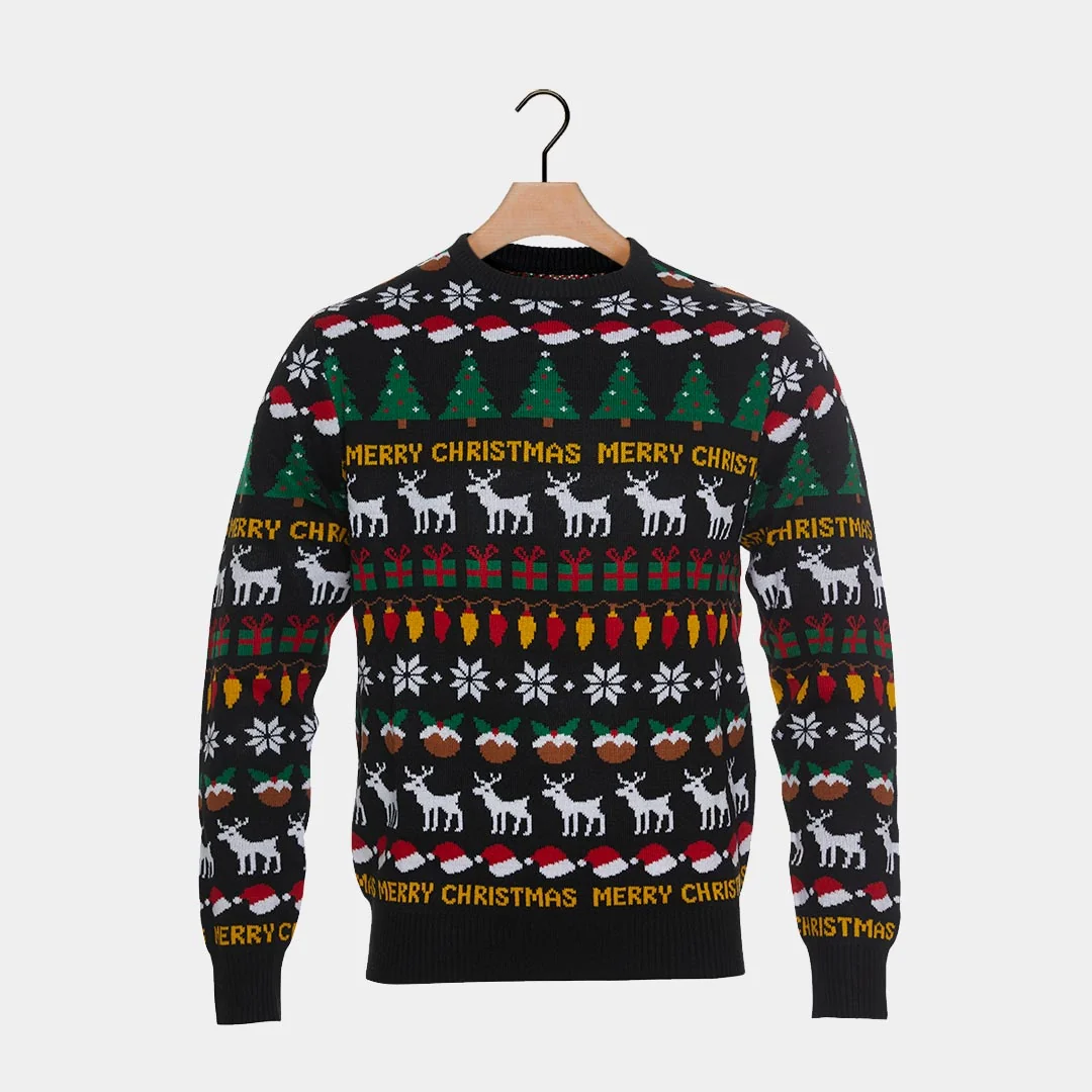 Jersey de Navidad para Niña y Niño Negro con Árboles, Renos y Regalos - Imagen 5