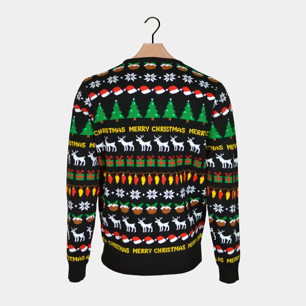 Jersey de Navidad para Niña y Niño Negro con Árboles, Renos y Regalos - Imagen 8