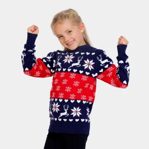 Jersey de Navidad para Niña y Niño Renos y Corazones Azul y Rojo