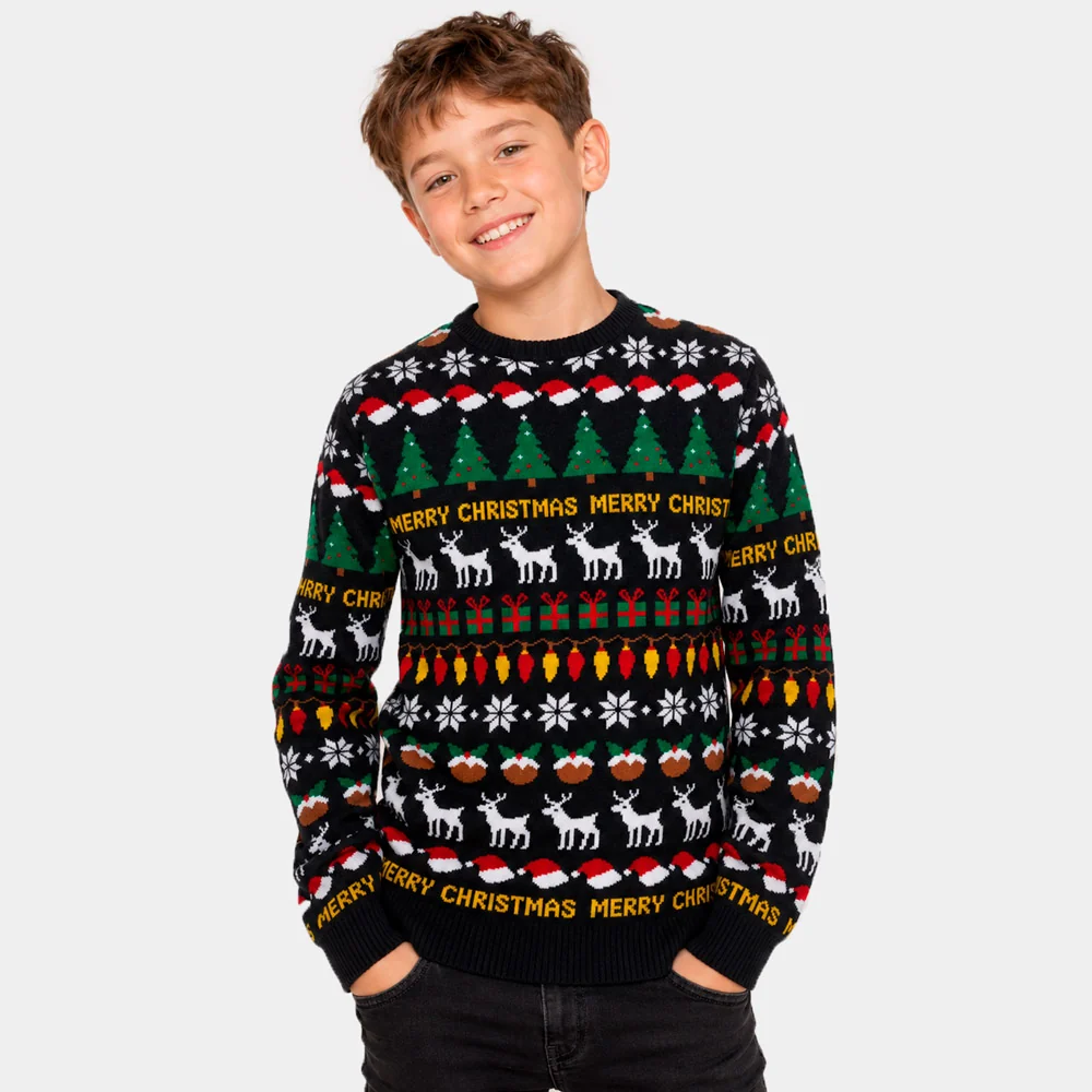 Jersey de Navidad para Niña y Niño Negro con Árboles, Renos y Regalos