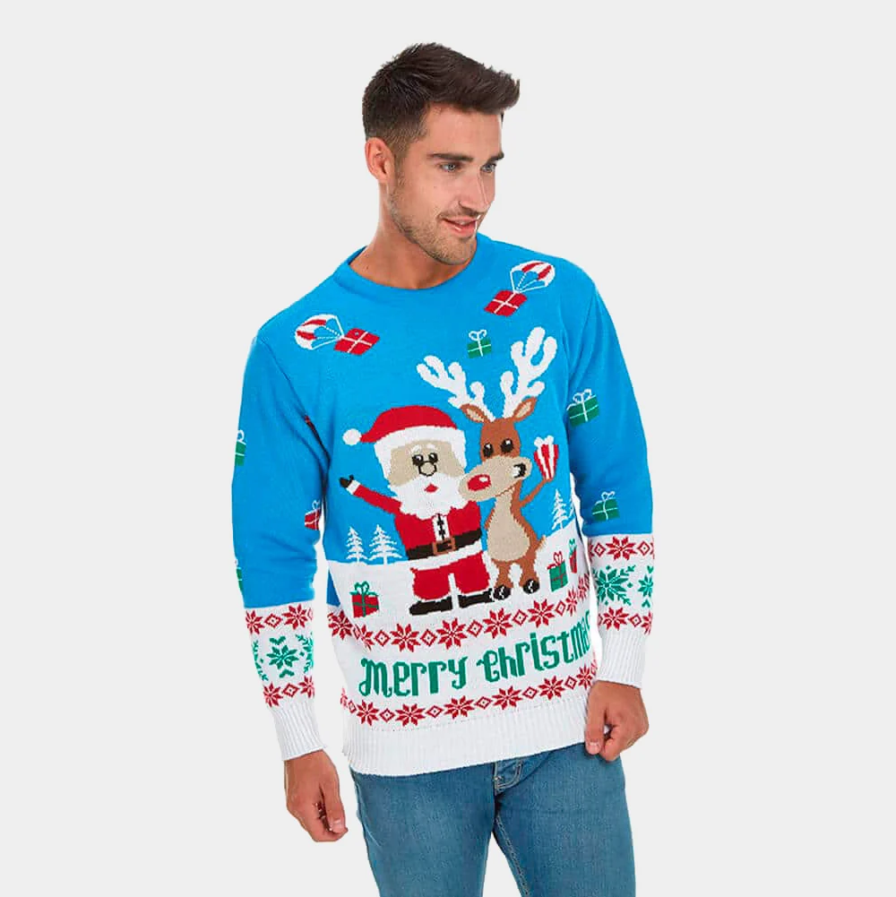 Jersey de Navidad para Hombre Azul Claro Reno y Papá Noel - Imagen 5
