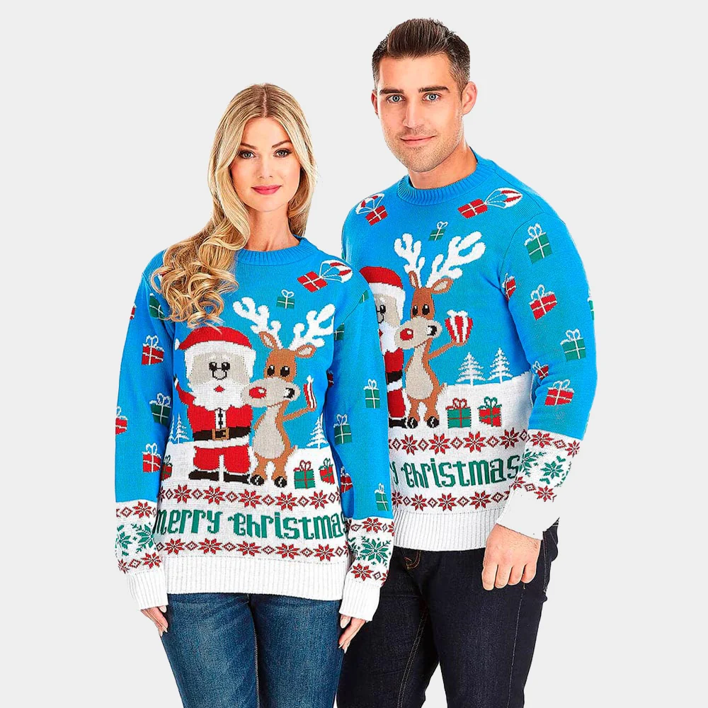 Jersey de Navidad para Mujer Azul Claro Reno y Papá Noel - Imagen 3