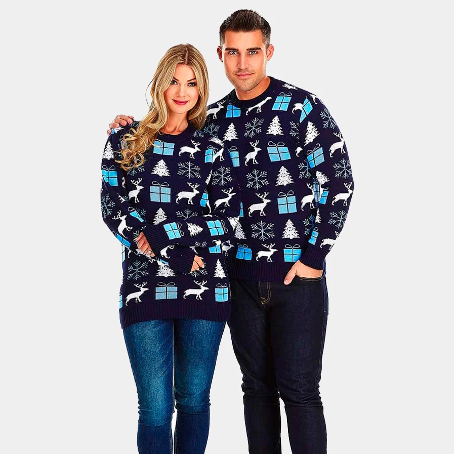 Jersey de Navidad para Mujer Azul con Renos, Regalos y Pinos - Imagen 4