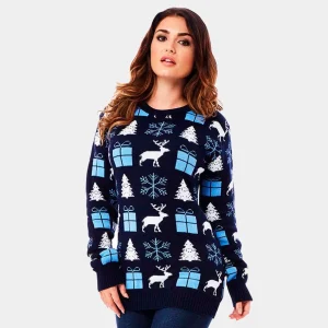 Jersey de Navidad Parejas Azul con Renos, Regalos y Pinos