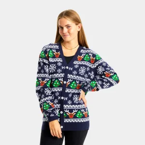 Jersey de Navidad Cárdigan Azul con Renos y Árboles
