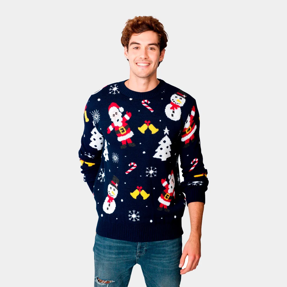 Jersey de Navidad Parejas con Papá Noel y Muñecos de Nieve Azul Marino - Imagen 3