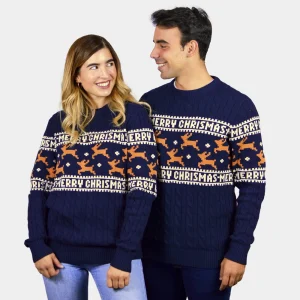 Jersey de Navidad Parejas Elegante Azul con Renos Algodón Orgánico