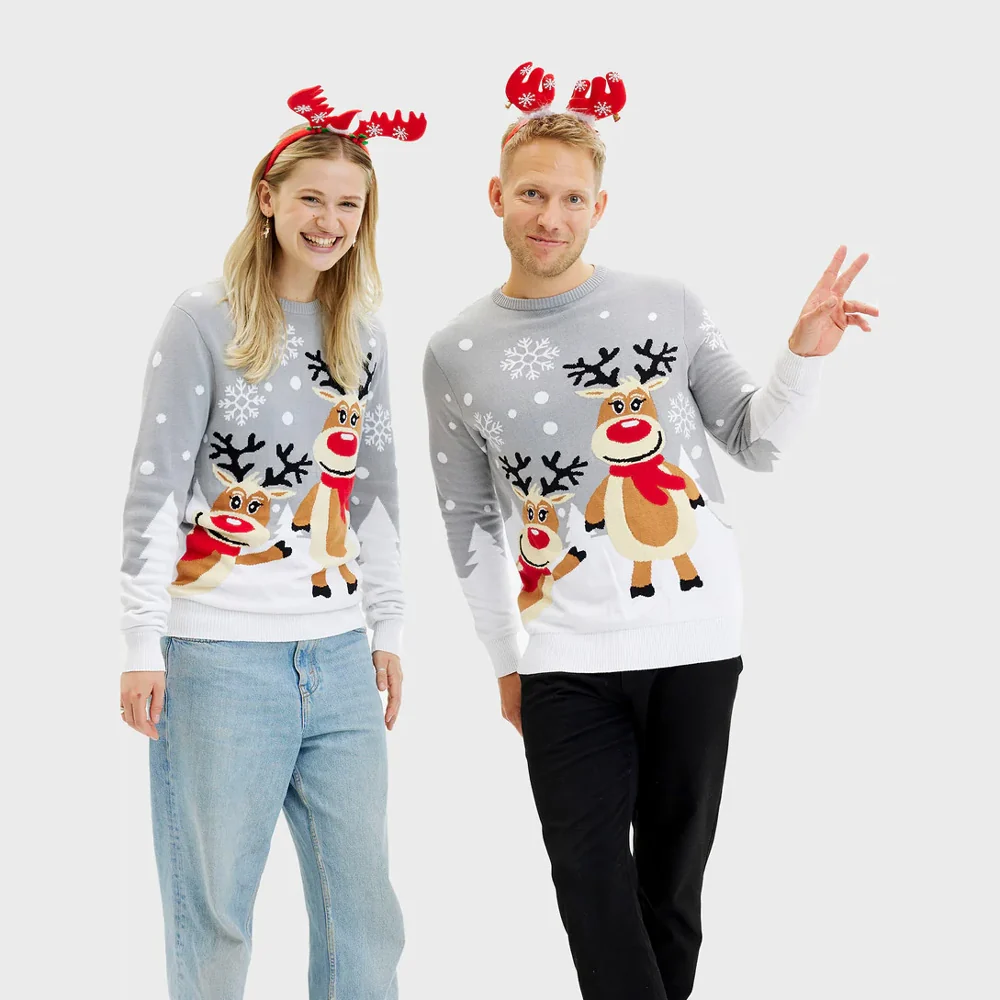 Jersey de Navidad Parejas Gris con Renas Cute Algodón Orgánico - Imagen 5