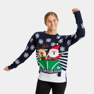 Jersey de Navidad Parejas Reno y Papá Noel conduciendo