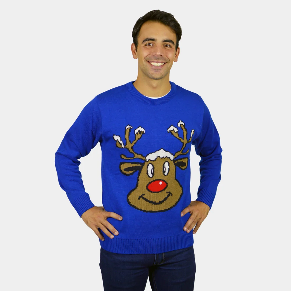 Jersey de Navidad para Parejas Reno Sonriente Azul - Imagen 3