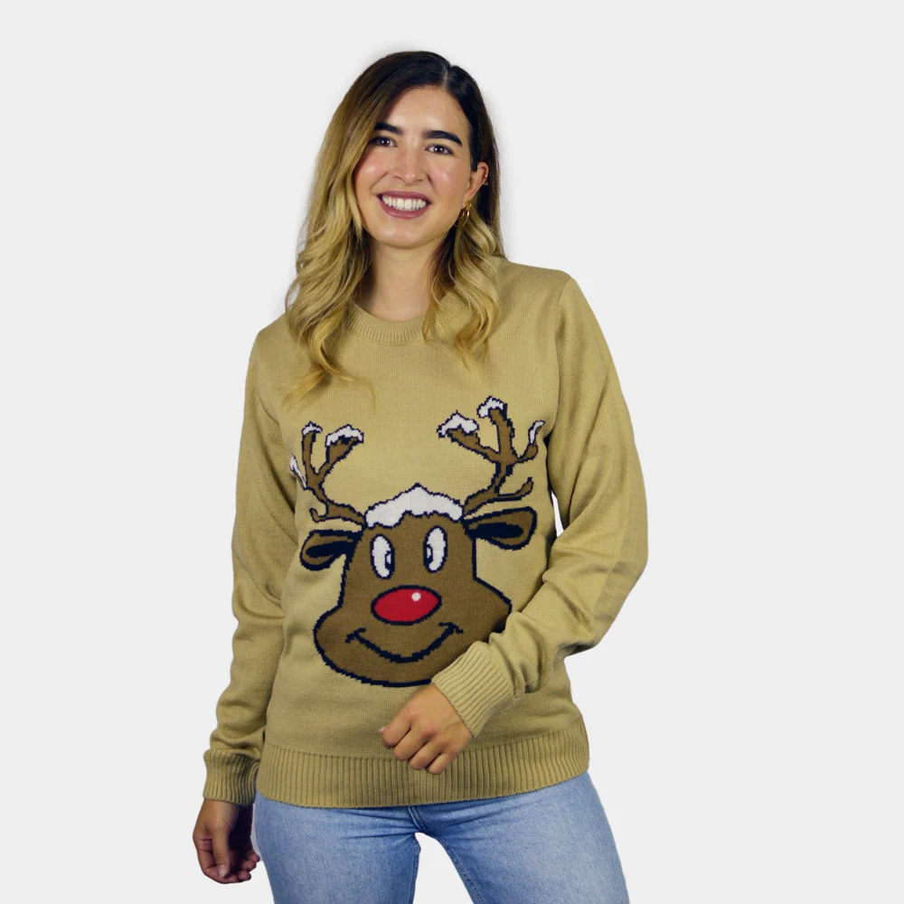 Jersey de Navidad para Parejas Reno Sonriente Beige
