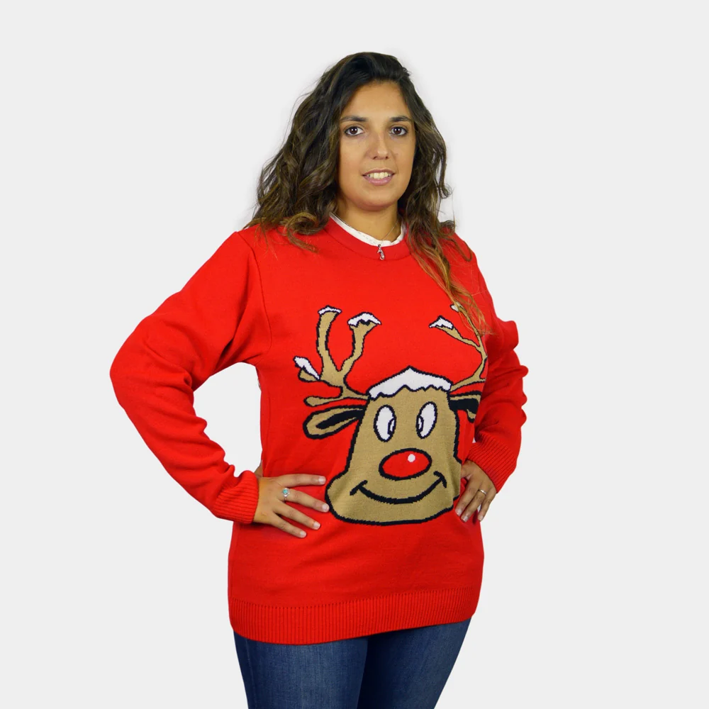 Jersey de Navidad Parejas Reno Sonriente Rojo