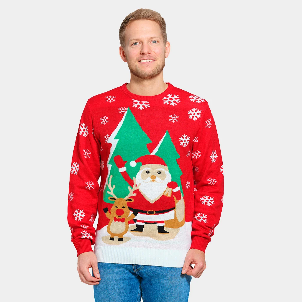Jersey de Navidad para Hombre Rojo con Santa Claus y Reno Saludando - Imagen 5