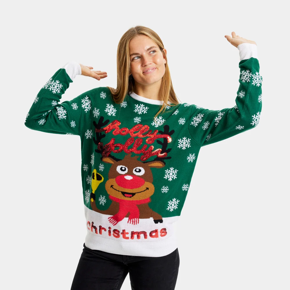 Jersey de Navidad Parejas Verde Holly Jolly Lentejuelas - Imagen 2