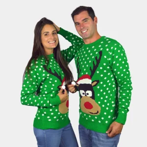 Jersey de Navidad Parejas Verde Reno con Gorro en 3D Algodón