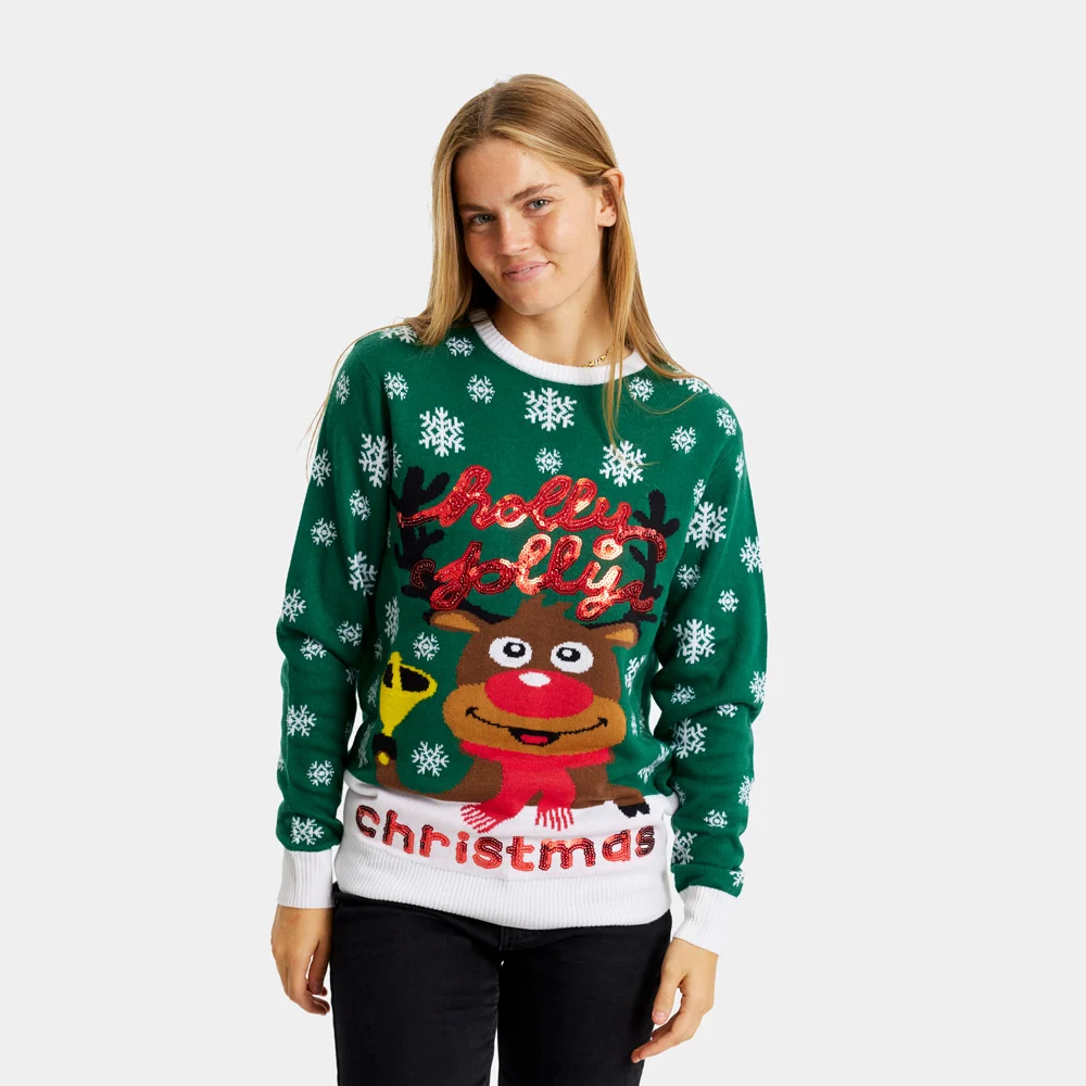 Jersey de Navidad para Mujer Verde Holly Jolly Lentejuelas - Imagen 5