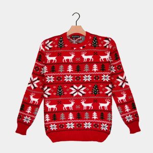 Jersey de Navidad Rojo Renos, Árboles y Estrellas Polares - Diseño 2023