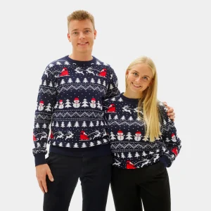 Jersey de Navidad Parejas Azul con Árboles, Muñecos y Papá Noel Algodón Orgánico