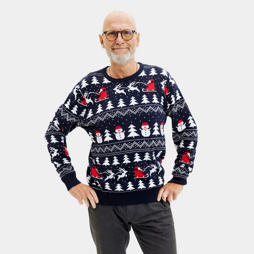 Jersey de Navidad Parejas Azul con Árboles, Muñecos y Papá Noel Algodón Orgánico - Imagen 4