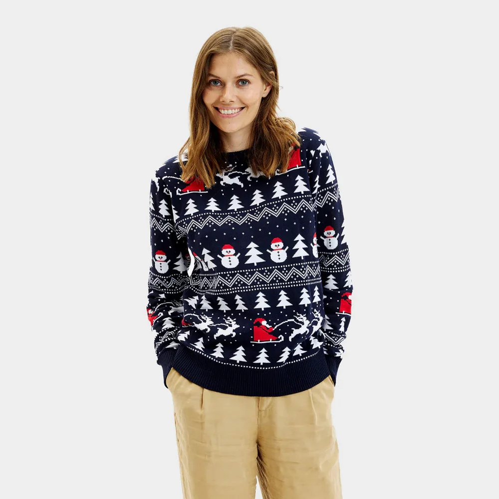 Jersey de Navidad Parejas Azul con Árboles, Muñecos y Papá Noel Algodón Orgánico - Imagen 3