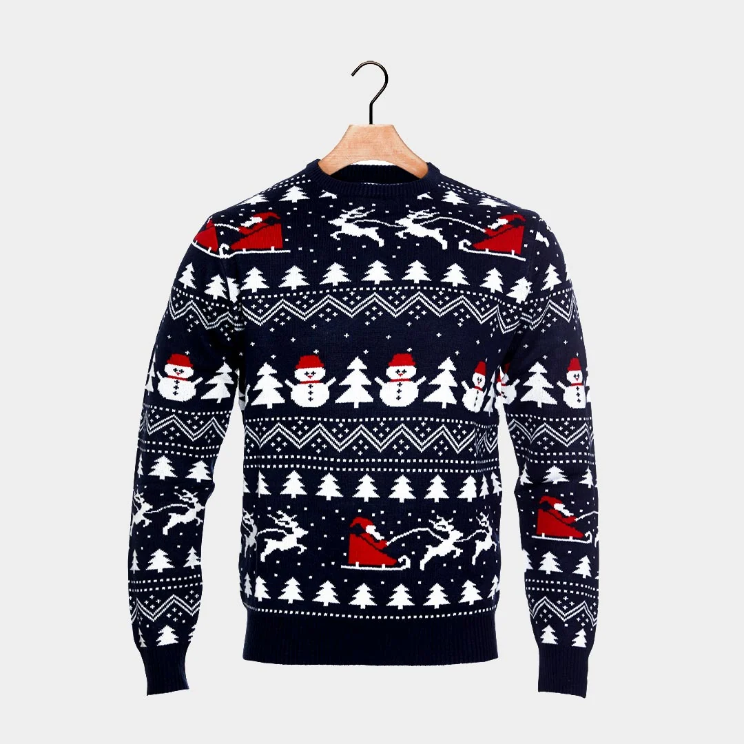 Jersey de Navidad Parejas Azul con Árboles, Muñecos y Papá Noel Algodón Orgánico - Imagen 8