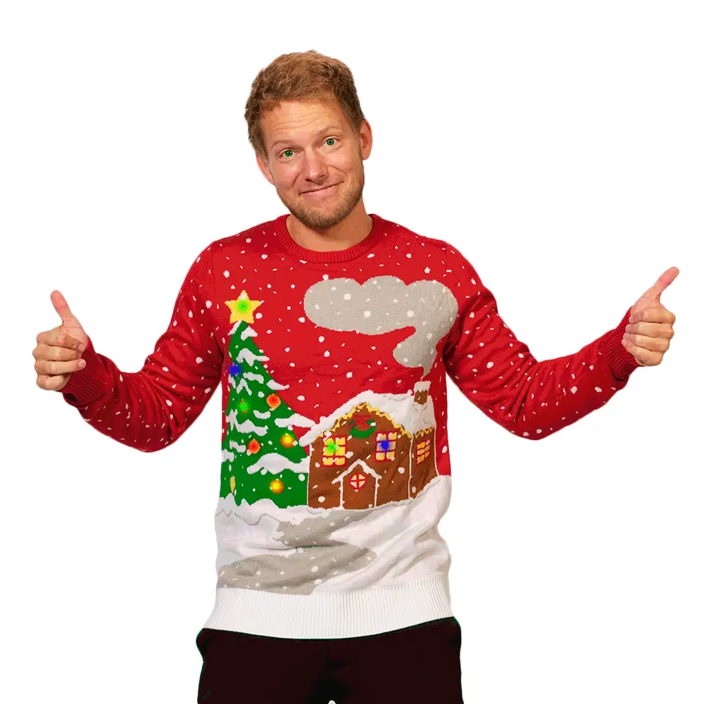 Jersey Navideño con Luces LED para Hombre Árbol y Casa Nevando - Imagen 3
