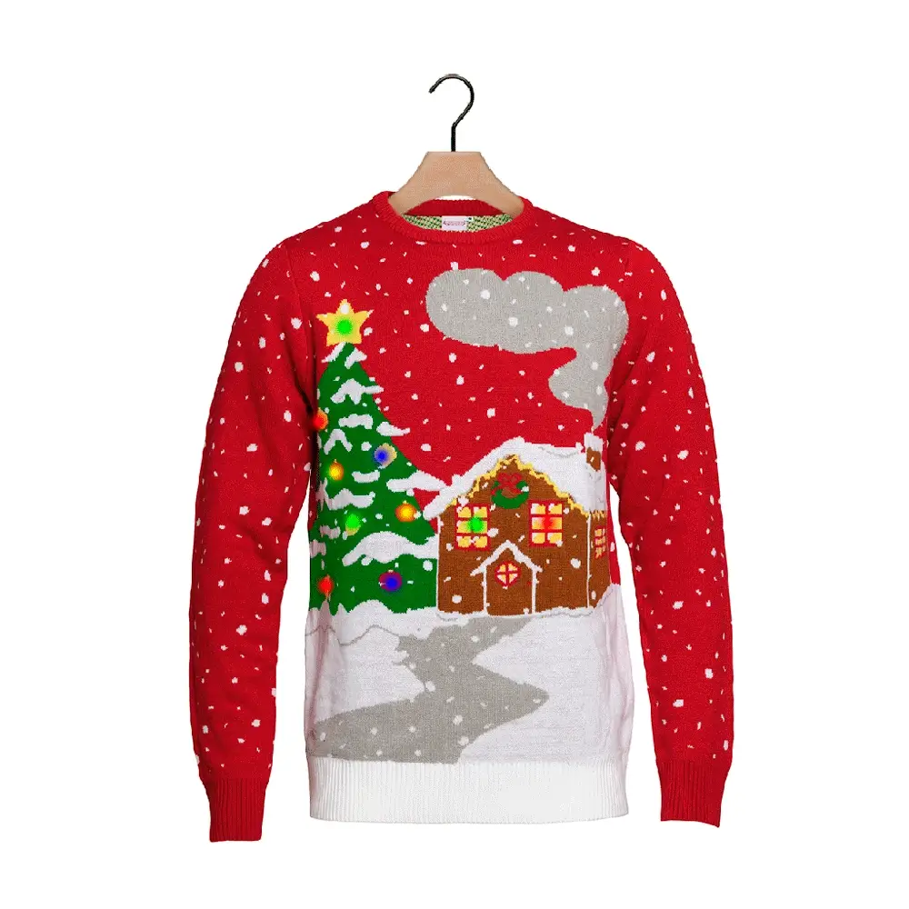 Jersey Navideño con Luces LED para Hombre Árbol y Casa Nevando - Imagen 2