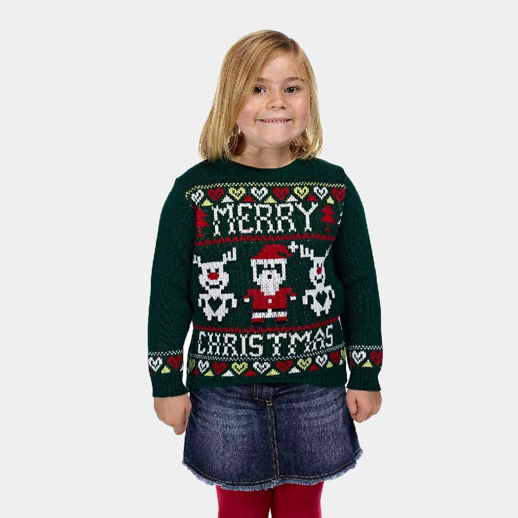 Jersey de Navidad para Niña y Niño Verde con Renos y Papá Noel - Imagen 4