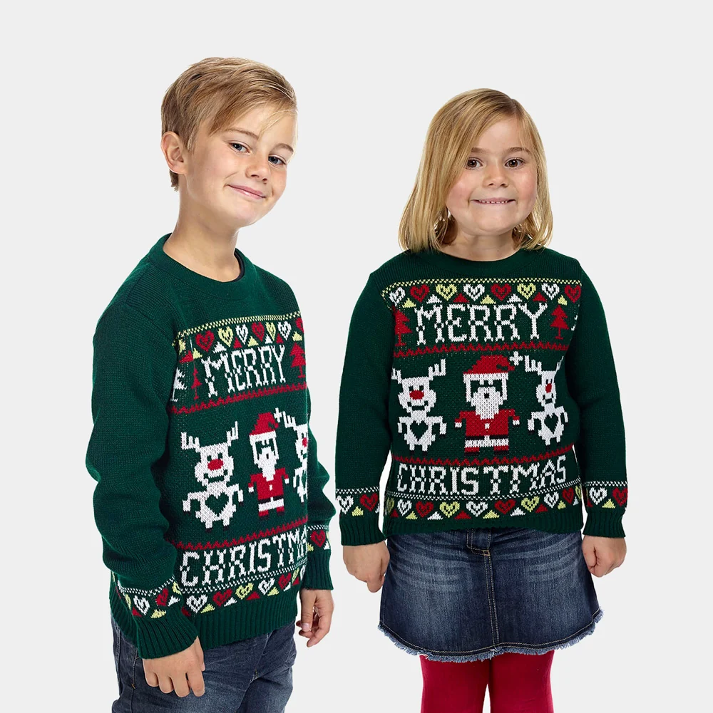 Jersey de Navidad para Niña y Niño Verde con Renos y Papá Noel - Imagen 3
