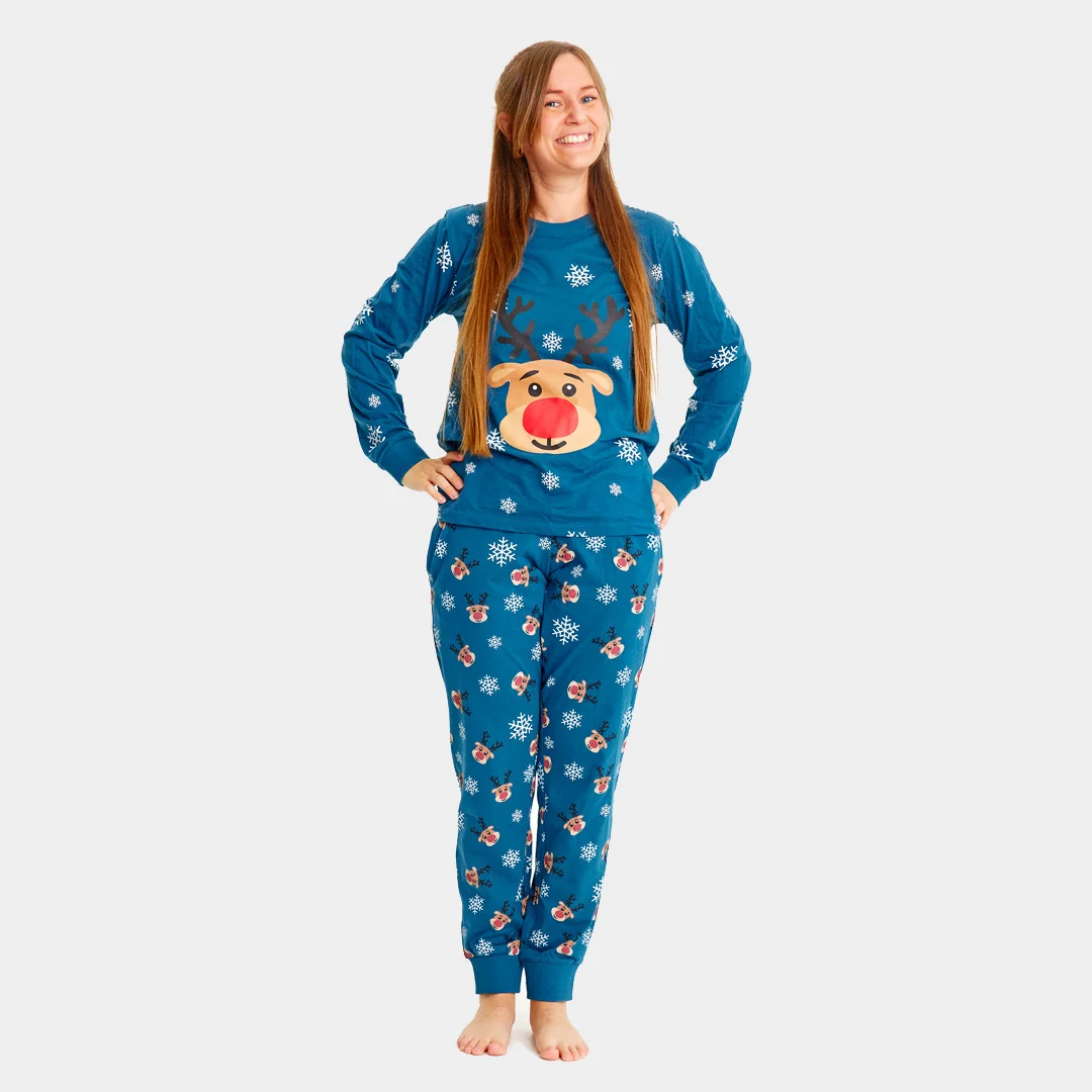 Pijama de Navidad Adultos Unisex Azul con Reno Rudolph Algodón Orgánico - Imagen 2