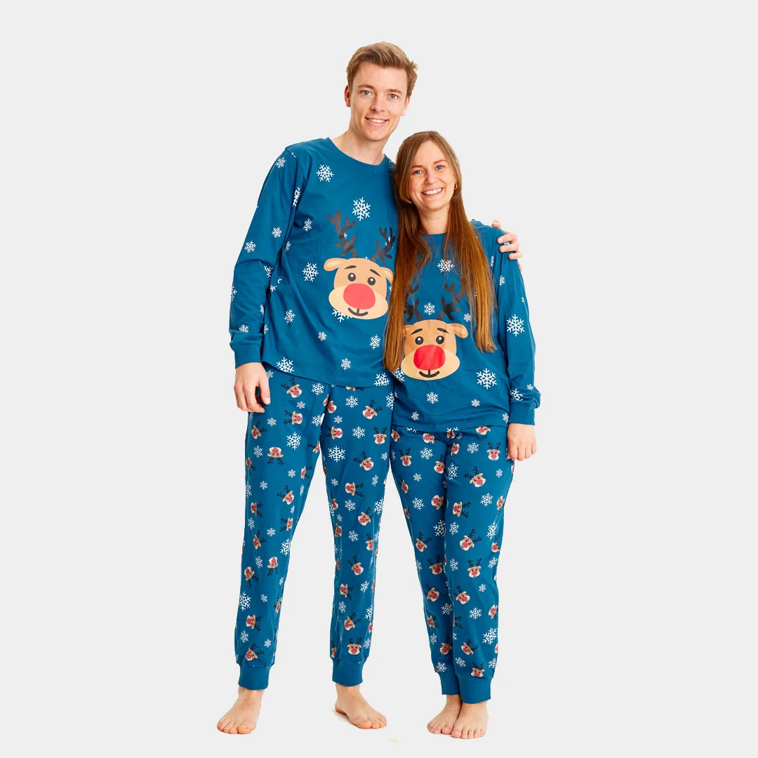 Pijama de Navidad Adultos Unisex Azul con Reno Rudolph Algodón Orgánico - Imagen 4