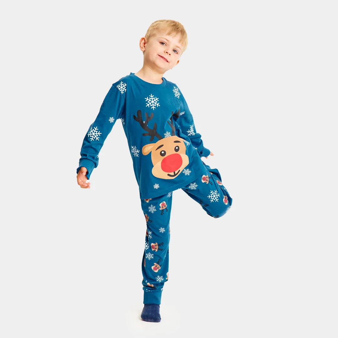 Pijama de Navidad para Familia Azul con Reno Rudolph Algodón Orgánico - Imagen 3