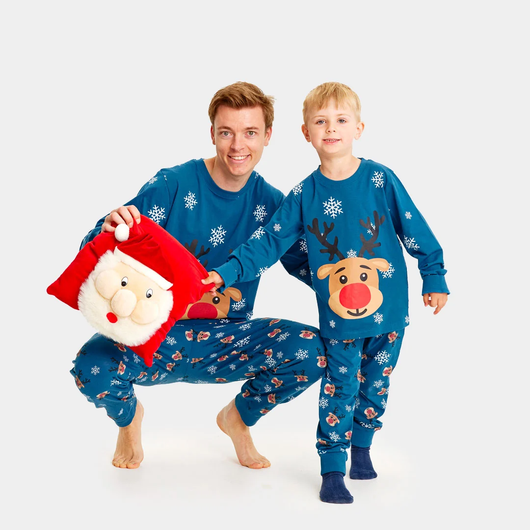 Pijama de Navidad para Familia Azul con Reno Rudolph Algodón Orgánico